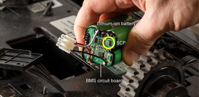 SCP on the BMS circuit board for the lithium-ion battery installed in a robotic vacuum cleaner