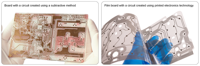 Substrates with circuits formed by subtractive methods and film substrates with circuits formed by printed electronics technology