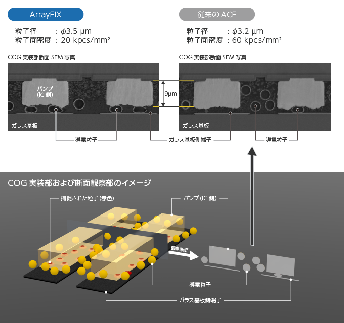 ArrayFIXと従来型のACFのCOG実装部おおよび断面観察部のイメージ