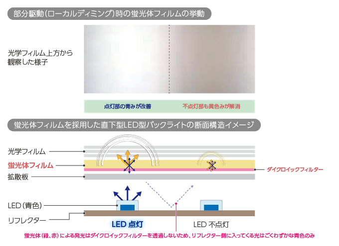 ダイクロイックフィルター導入後の部分駆動（ローカルディミング）時の蛍光体フィルムの挙動と直下型LDE型バックライトの断面構造イメージ