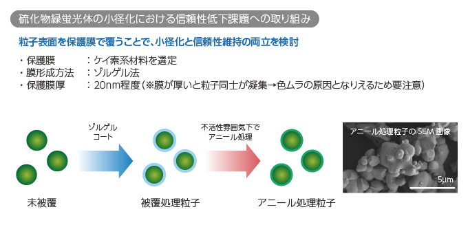 硫化物緑蛍光体の小径化における信頼性低下課題への取り組み